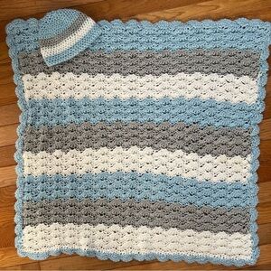 Handmade Blue and Gray Crochet Blanket with Hat